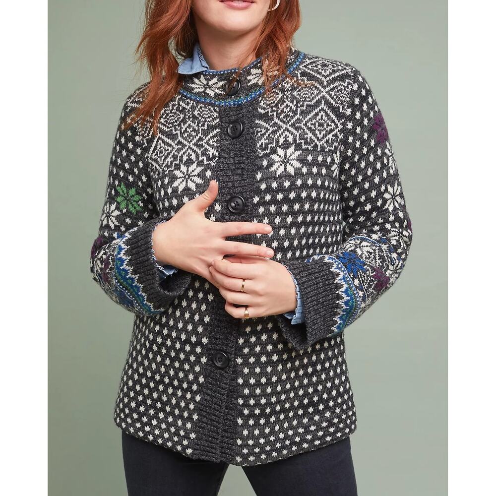 Anthropologie Rosie Neira Wool Blend Chunky Knit Nordic Long Cardigan Sweater